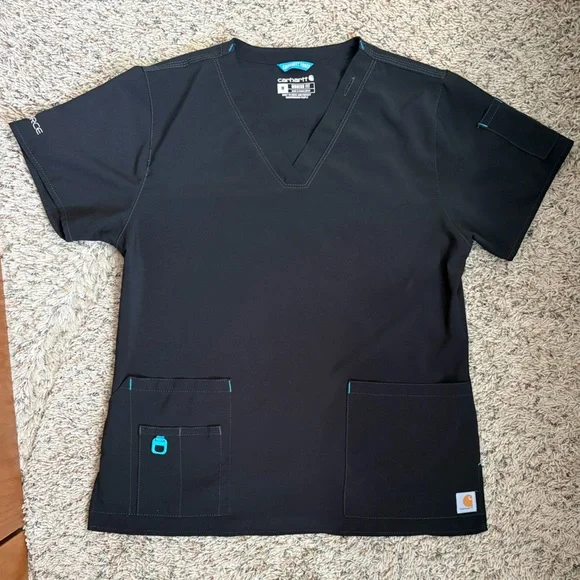 Carhartt Black Scrub Top with Teal Stitching Size Medium - Picture 2 of 7